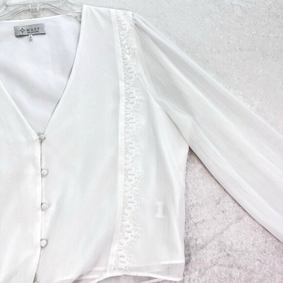 WAYF White Blouse Womens Size Large V-Neck Lace Trim Knotted Cropped Feminine - Picture 12 of 14